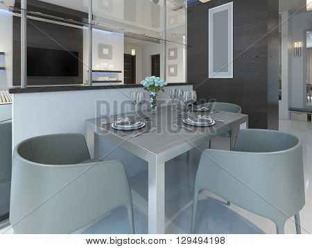 Dining in a studio apartment with a dining table and chairs for three people. Dining table served in a contemporary style. 3D render.