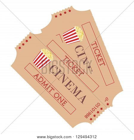 Vector illustration two cinema ticket with popcorn symbol isolated on white background. Admit one. Movie ticket