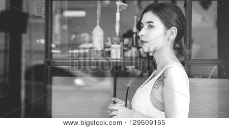 Woman Dringks Coffee Summer Sightseeing Concept