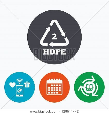 Pe-hd 2 icon. Polyethylene high-density sign. Recycling symbol. Mobile payments, calendar and wifi icons. Bus shuttle.