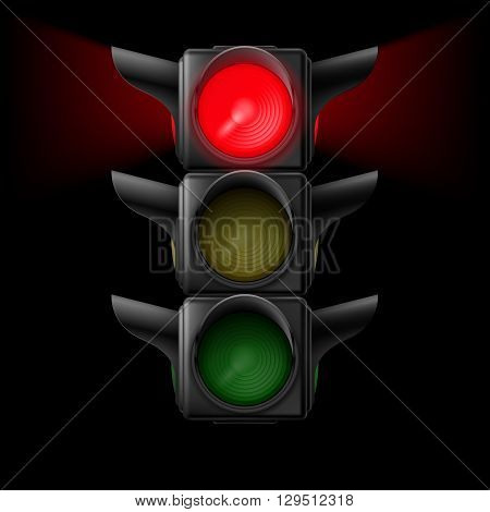 Realistic traffic lights with red lamp on. Illustration on black background