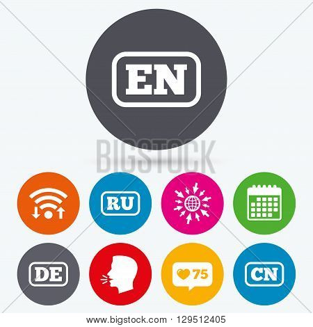 Wifi, like counter and calendar icons. Language icons. EN, DE, RU and CN translation symbols. English, German, Russian and Chinese languages. Human talk, go to web.