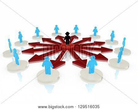 Hacker with black hat in the center of a circular network attacking people standing on platforms around him 3D illustration