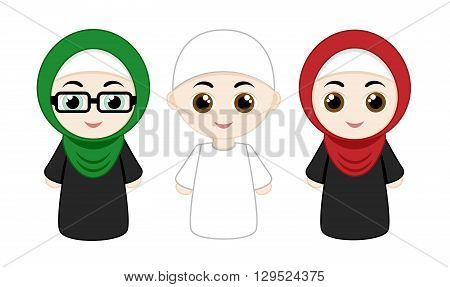 Set of cartoon people with hijabs isolated on white background. Vector illustration.