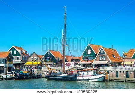 Volendam Holland - July 24 2014: Waterland district the harbour in front of the town center