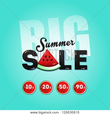 Big summer sale with a piece of watermelon, banner and stickers with percent discounts. Layout for seasonal clearance. It can be used in advertising, web design, graphic design. Vector illustration.