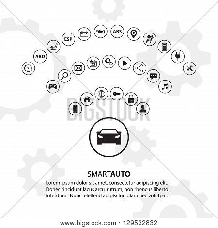 Smart auto car concept with automotive icons. Internet of things road transport. Car Wifi icon. Electric vehicle technology. Car icon. Modern vector illustration.