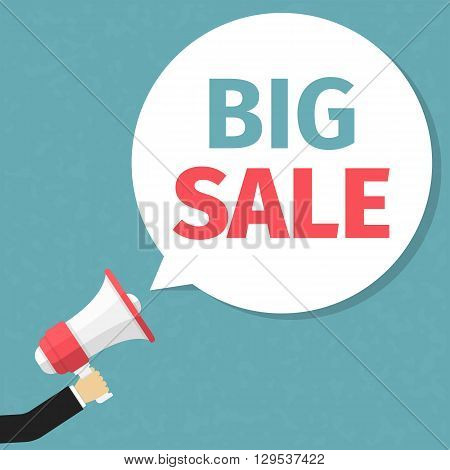 Big sale announcement, hand holding megaphone and specch bubble announcing big sale, vector eps10 illustration