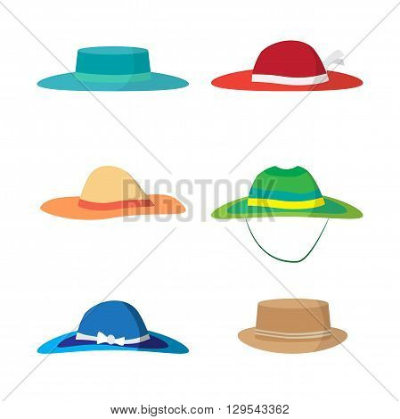 Set of different colored beach hats. Headgear to protect against the sun on the beach. Flat vector illustration isolated on white background