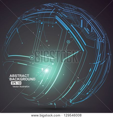 Point and curve constructed the sphere wireframe technological sense abstract illustration.