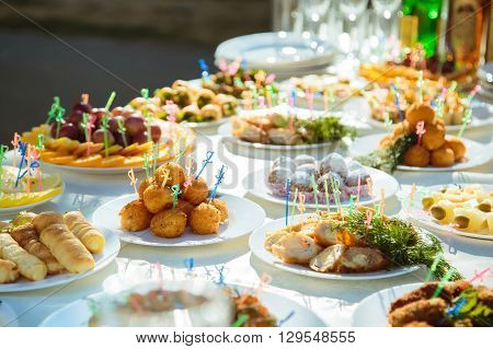 The Wedding Banquet. Buffet table in nature. Tableware. Snacks fruit drinks