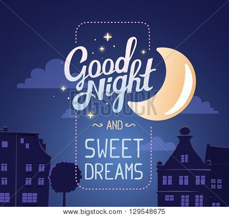 Vector illustration of silhouette of night city street on dark blue sky background with wish and big moon. Art design for web site advertising banner poster flyer brochure board card paper print.