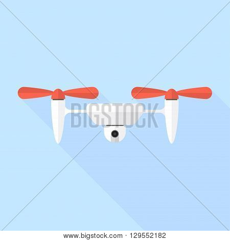 Quadrocopter icon. Quadcopter drone with camera. Front wiew. Flat design, long shadow. Vector illustration