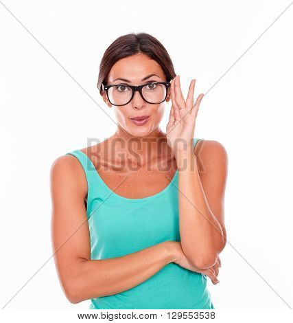Mistaken Caucasian Woman Touching Her Glasses