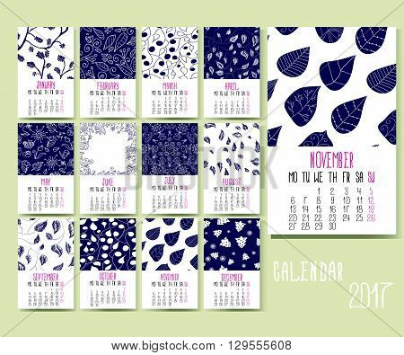 Vector calendar for 2017. Set of 12 months 12 Doodle patterns.