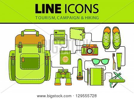 Stock vector line icons set with flat design elements of clothing and footwear for hiking travel and vacation.