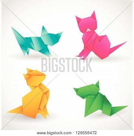 Set of four cats paper origami art. Templates for your design.