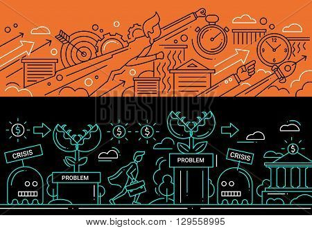 Illustration of vector modern line flat design business composition and infographics elements with super hero businessman, business challenge. Website banners, headers set