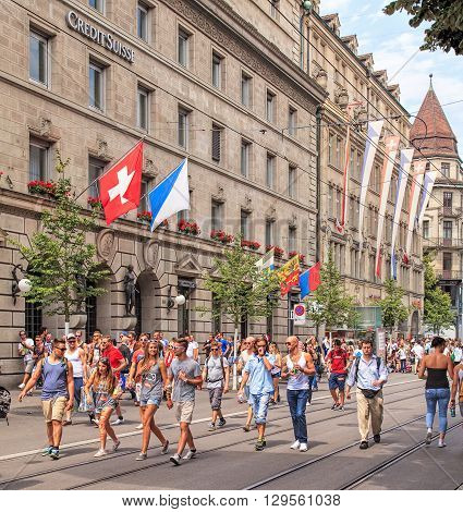 Zurich, Switzerland - 2 August, 2014: Bahnhofstrasse street on the day of the Street Parade. The Street Parade is the most attended technoparade in Europe, it takes place in Zurich Switzerland.