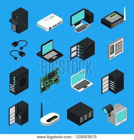 Icons set of different electronic equipment for data center server networking and computers security isometric isolated vector illustration