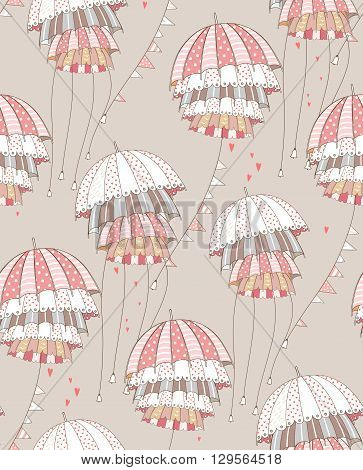 Red umbrellas with garlands. Vector pattern illustration.