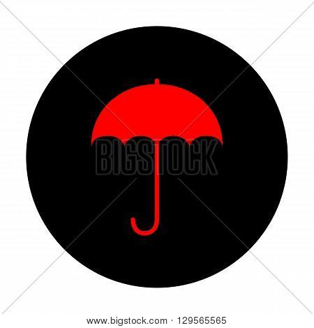 Umbrella sign icon. Rain protection symbol. Flat design style. Red vector icon on black flat circle.