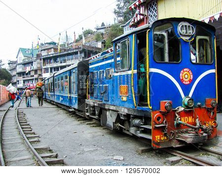 Darjeeling, India - 27th feb 2012: Famous himalyan toy train at the Darjeeling station. This train runs the very famous route between New Jalpaiguri and Darjeeling