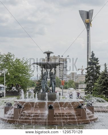 ROSTOV-ON-DON RUSSIA- MAY 11- Theater Square with a fountain in the center.Sculptor E.Vucetich on May 112015 in Rostov-on-Don