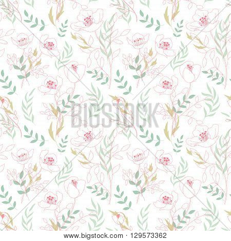 Vintage floral seamless pattern with flowers drawn by a dotted line and hand drawing leaf. Dashed line floral vector background. Delicate pink blue on white.