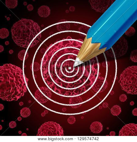 Targeting cancer medical therapy concept as a pencil drawing a target on a cancerous malignant cell as a disease treatment or cure metaphor to kill the carcinoma in a human body as a 3D illustration.