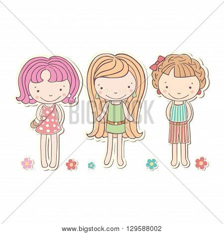 three girls little funny isolated, vector illustration