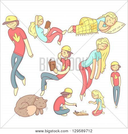 People Realxing Illustration Set Of Flat Outlined Pale Color Funny Drawings Isolated On White Background