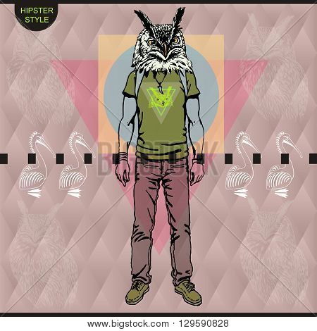 Poster in hipster style. Hand drawn illustration of fashion guy travel animal birds on triangle designe.