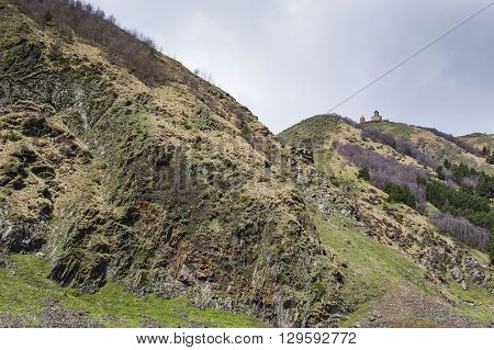 Mountain Landscape In Georgia Kaukaz With Beautiful Sky