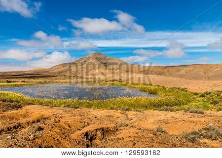 Remote Lake With Mountain In Fuerteventura Inland - Canary Islands Spain