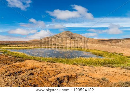 Remote Lake With Mountain In Fuerteventura Inland - Canary Islands Spain