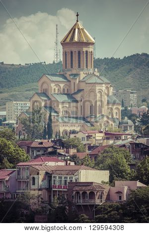 Tbilisi, Georgia - May 07, 2016: View Of The Holy Trinity Cathedral Tsminda Sameba In Tbilisi, Georg