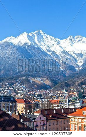 Austria Tyrol panoramic wiew over Innsbruck and Inn valley with the snowy mountains in the background