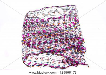 Close up of beautiful multicolor fabric scarf on white background isolated