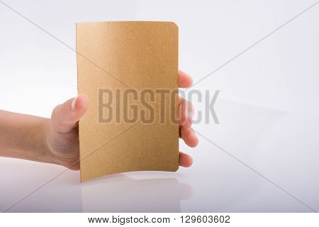 Hand holding a sheet of paper on a white background
