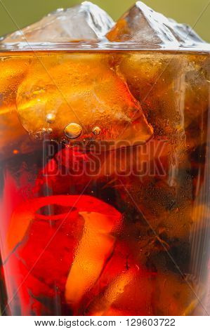 background of cola with in glass with ice cubes