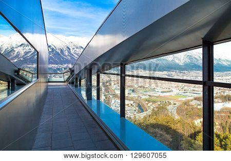 Austria Tyrol Innsbruck panoramic view over the city and Inn valley from Bergisel skijamping stadium