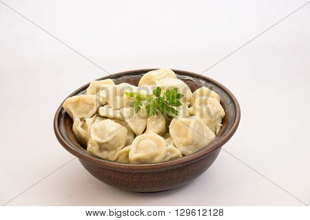 Traditional Russian meat food on white and blue background