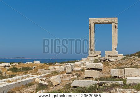 Close up view of Portara, Apollo Temple Entrance, Naxos Island, Cyclades, Greece