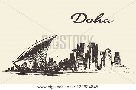 Doha skyline with Dhow Qatar vector illustration hand drawn sketch