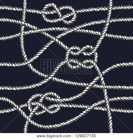 Marine rope knot seamless pattern. Endless navy illustration with white rope ornament and nautical knots on dark background. For fabric, wallpaper, wrapping. Figure 8, sheet bend and square knots.