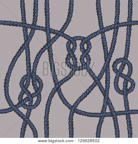 Marine rope knot seamless pattern. Endless navy illustration with blue rope ornament and nautical knots on beige background. For fabric, wallpaper, wrapping. Figure 8, sheet bend and square knots.