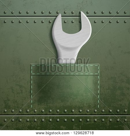 Wrench is in the pocket. Metal industrial texture. Stock vector illustration.