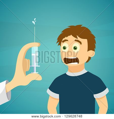 Doctor holding a syringe with injection. Boy is afraid. Stock vector illustration.