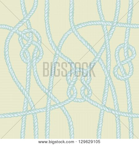 Marine rope knot seamless pattern. Endless navy illustration with blue rope ornament and nautical knots on yellow background. For fabric, wallpaper, wrapping. Figure 8, sheet bend and square knots.